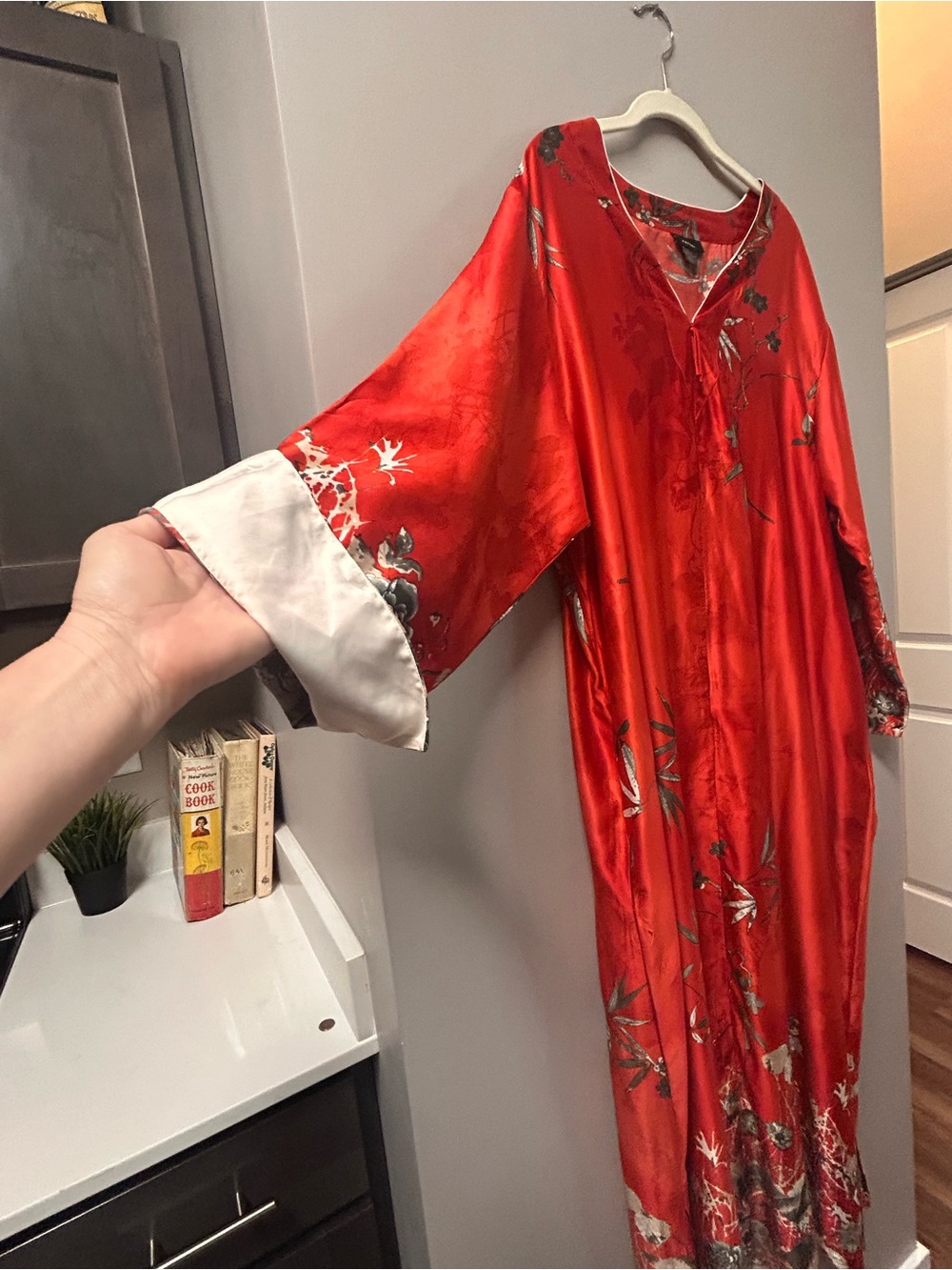 Natori Jacquard Floral Caftan Half Zip Orange XXL